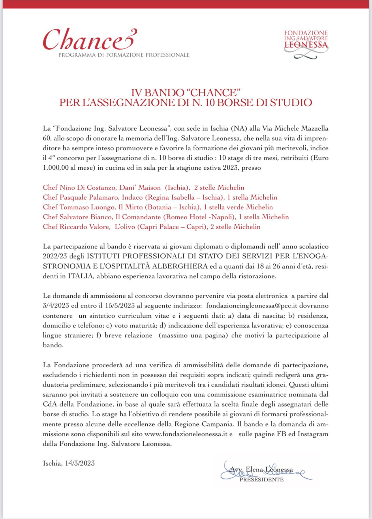 IV Bando “CHANCE” per l’assegnazione di n.10 borse di studio indetto da “Fondazione Ing. Salvatore Leonessa”